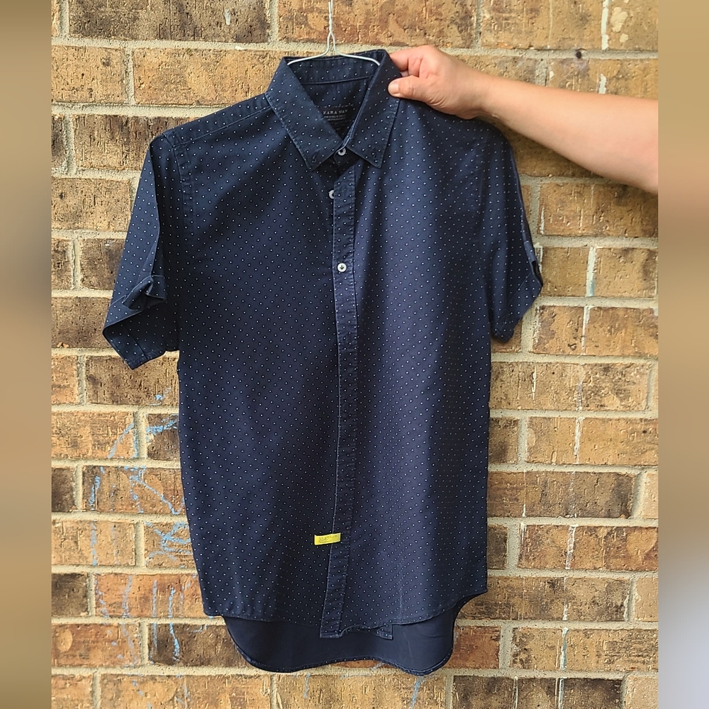 Men's ZARA Navy Blue Polka Dot Shirt